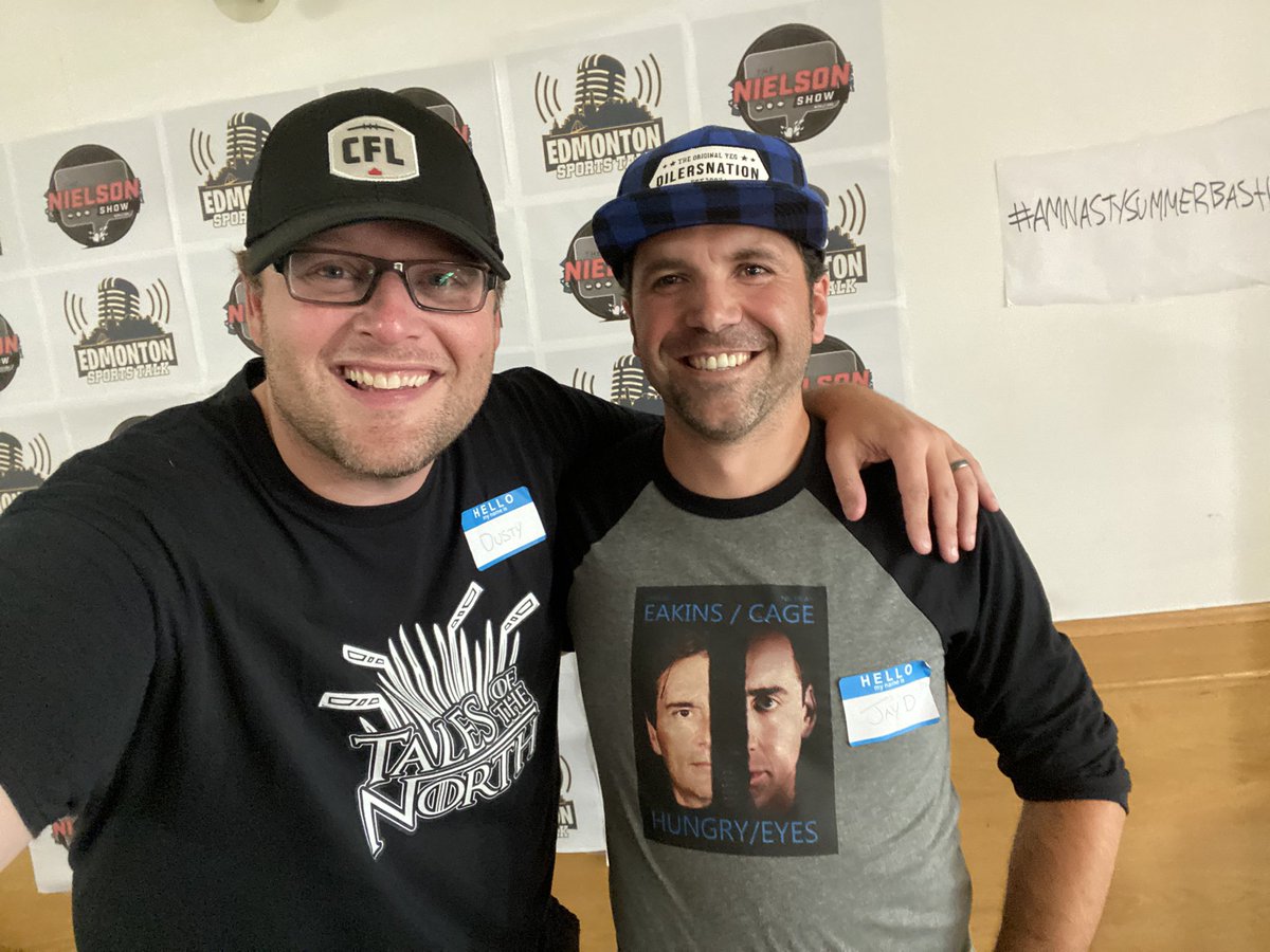 nielsonTSN1260's tweet photo. My favourite couple of the Nasty Bash last night. #AMNastySummerBash 
He had an epic Face-Off / Eakins Eyes shirt and her name tag said Renee. https://t.co/NC4PURjtax