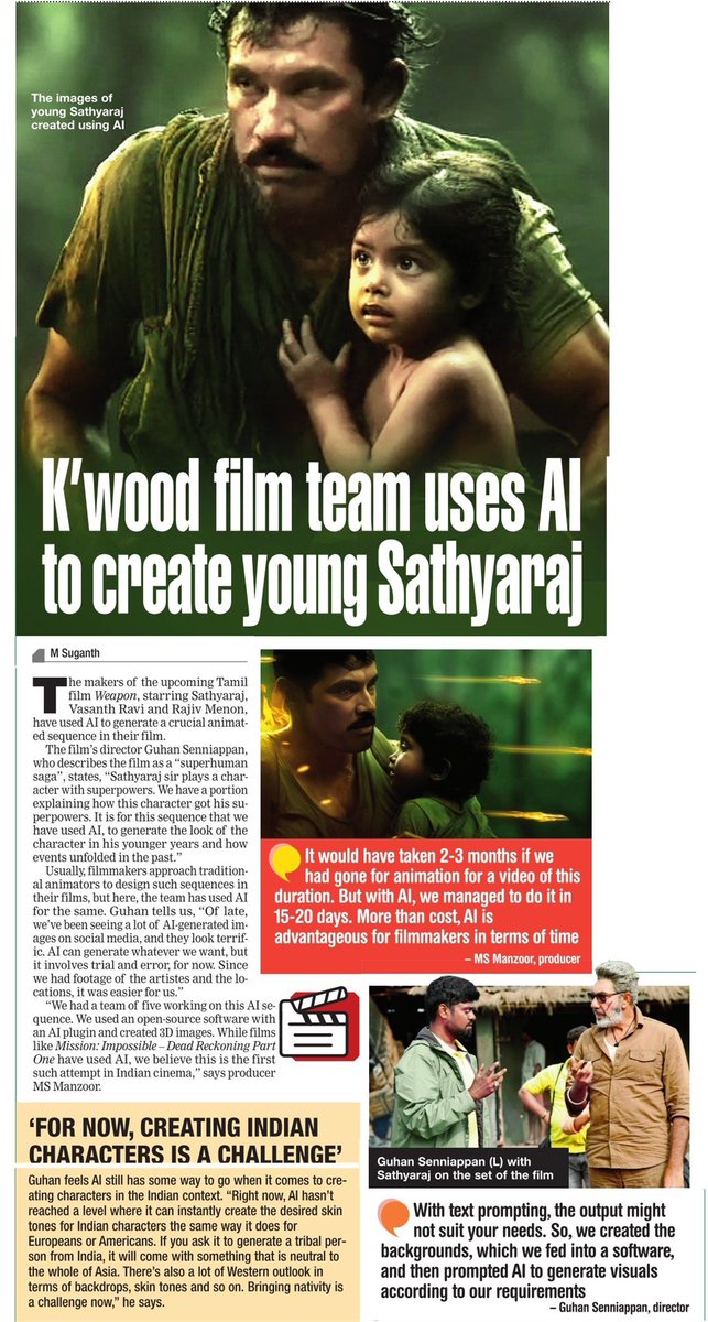 #WEAPON

• Weapon Team Has Used AI To Generate De-Aging Clip Of #Sathyaraj
• In Animation It Will Take in Months But AI Finished in 15 Days
• It's A First Ever Indian Film To Use AI For De-Aging Technique

#VasanthRavi - #GuhanSenniappan