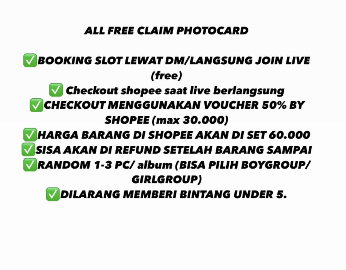 camiciakr's tweet photo. 🎀 FREE CLAIM PHOTOCARD🎀

- NCT, WAYV, EXO, SVT, TREASURE, ENHYPEN, STAYC, IVE 
- LIVE SHOPEE JAM 8 MALAM
- LIMITED SLOT
- BISA PILIH BOYGROUP/GIRLGROUP (member random)

feel free to ask
LIVE SHOPEE HARI INI JAM 8 MALAM https://t.co/9ALvH13YgV