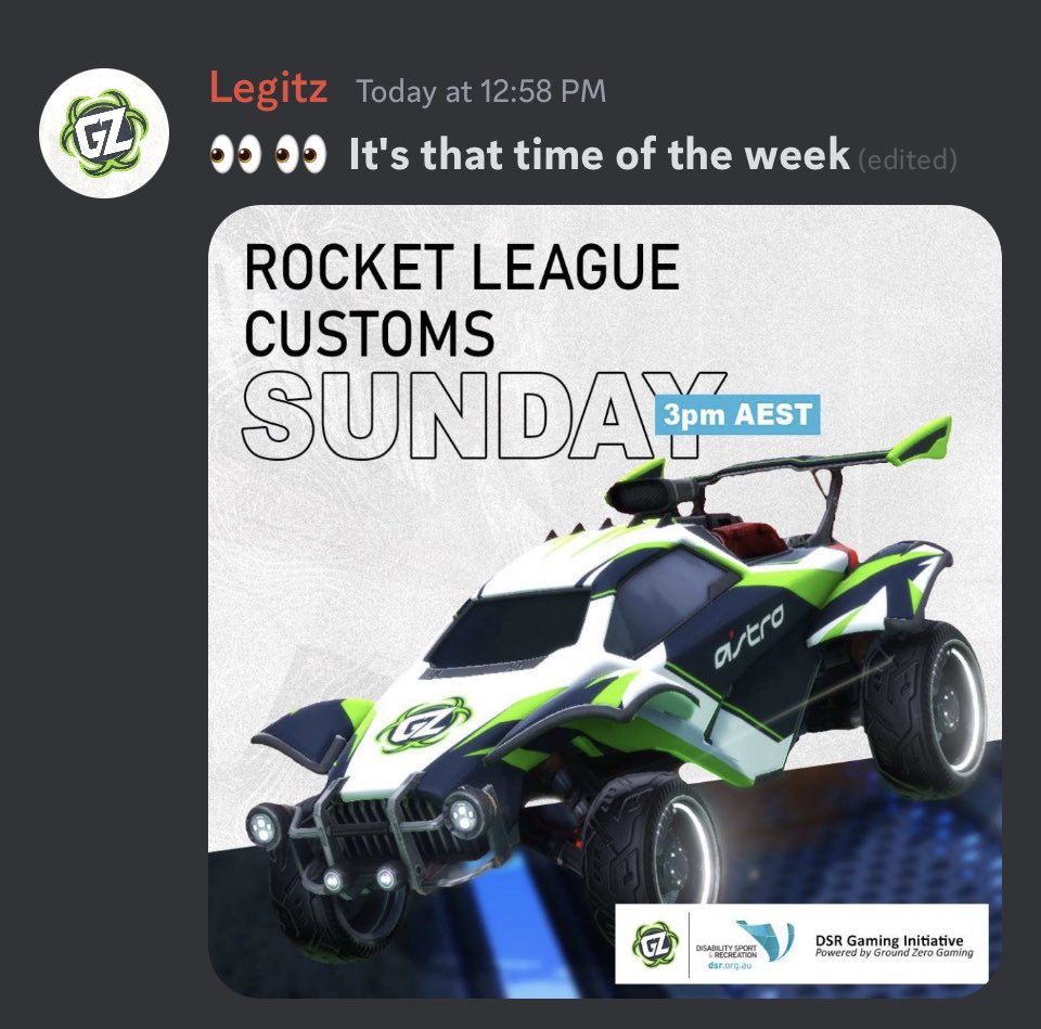 Disability Sport & Recreation (@disabilitysprt) on Twitter photo 3️⃣ PM AEST 👀
Nearly time with <a href="/GroundZeroOCE/">Ground Zero</a> crew on DSR Discord > discord.com/invite/x9jRQta…
#RocketLeague 3️⃣ PM AEST 👀
Nearly time with <a href="/GroundZeroOCE/">Ground Zero</a> crew on DSR Discord > discord.com/invite/x9jRQta…
#RocketLeague