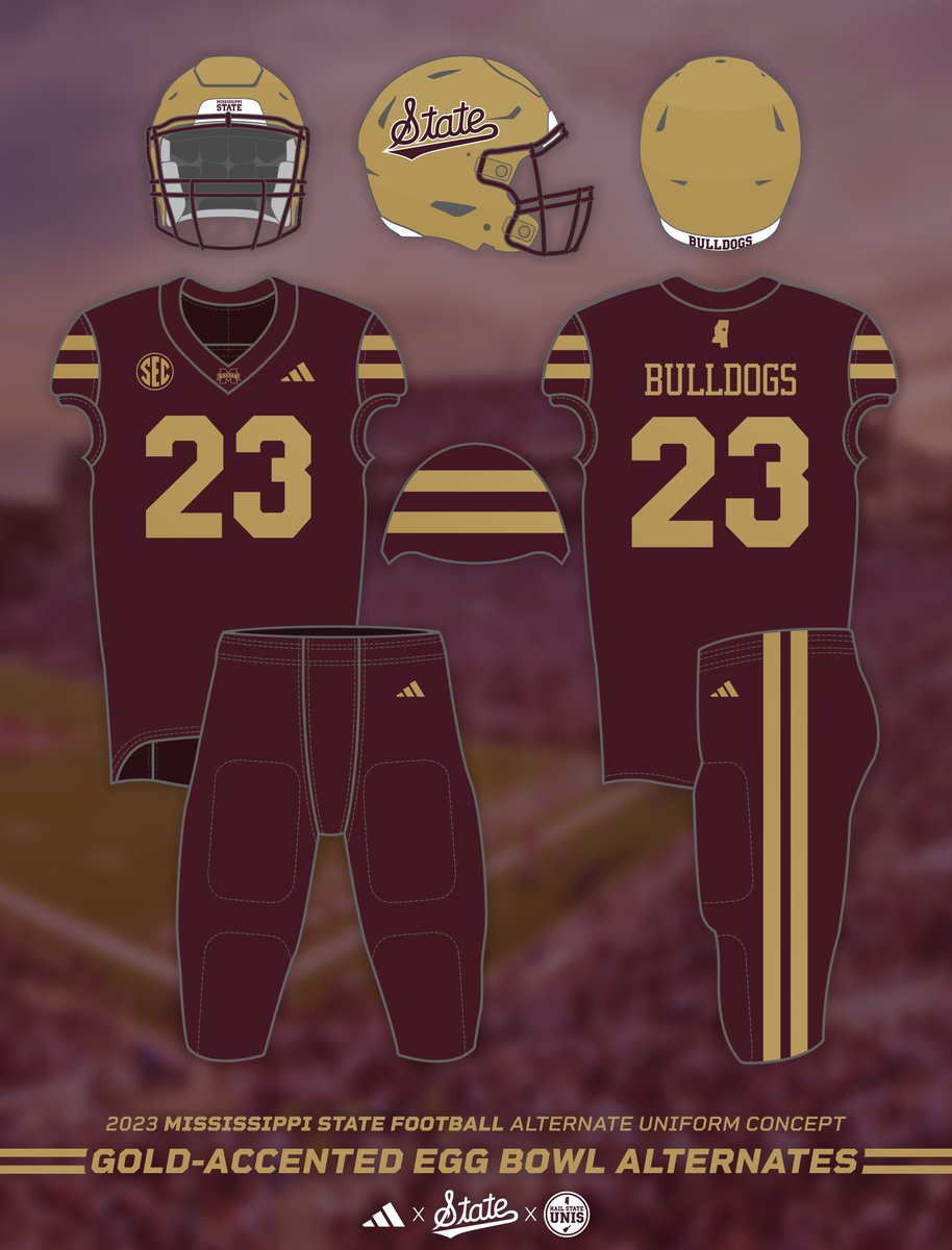 hailstateunis's tweet photo. One last concept as part of this series!

It's hard to believe, but this fall marks the 𝟭𝟬 𝘆𝗲𝗮𝗿 anniversary of Mississippi State's 2013 overtime Egg Bowl victory in chrome gold helmets.

Here's how that uniform might look on our current design template!

#HailState🐶🏈 https://t.co/thaBUtsTGD