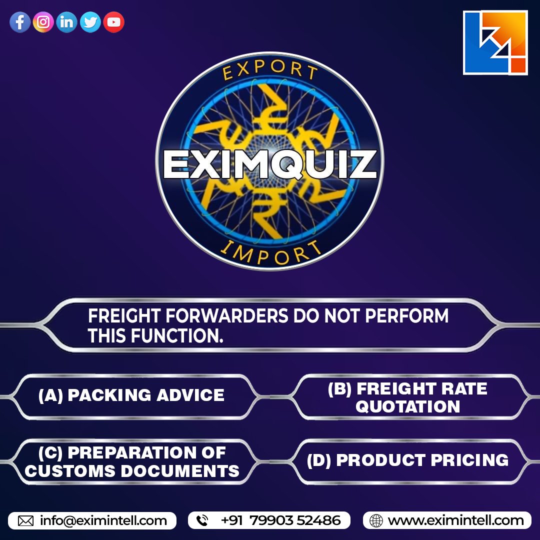 exim_intell's tweet image. Let's find out the Correct Answer For Freight Forwarder work Quiz and Give Answers in the Comment Box.

To Know more about Export Import Follow us on-

Facebook :
facebook.com/eximintell/?re…

WhatsApp Link:
api.whatsapp.com/send?phone=917…

#FreightForwarder  #productpricing #Eximintell