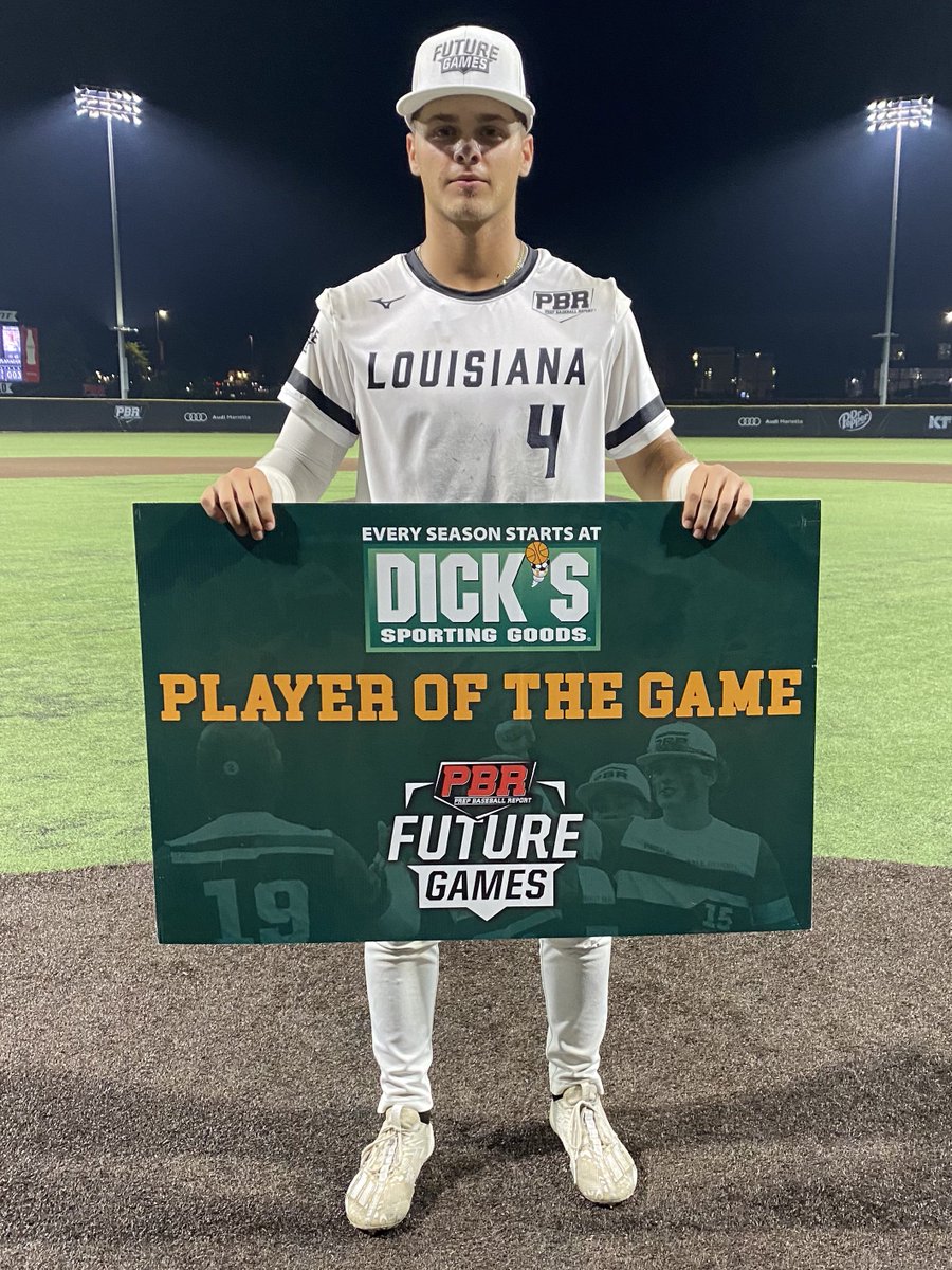 prepbaseball's tweet photo. Congrats to MIF Brock Laird (LA) the @DICKS Sporting Goods Player of the Game. 👏🏅 

Laird went 2-for-3 with 1 run scored and a stolen base. #PBRFG23 https://t.co/wsC3VIm0fJ