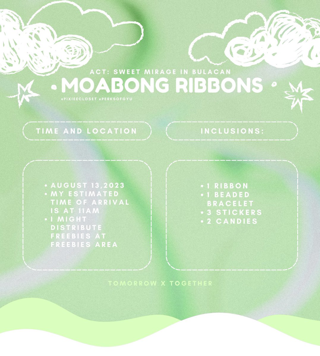 pixieecloset's tweet photo. Hi MOAs(⁠~⁠￣⁠³⁠￣⁠)⁠~

I'll be handling out freebies during TXT ACT: Sweet Mirage in Bulacan 

✩ see pics for details^⁠^

pls help rt♡
#TXTInBulacan  
#ACTSWEETMIRAGEInBulacan
#ACT_SWEET_MIRAGE_in_BULACAN https://t.co/dBq59AArTo