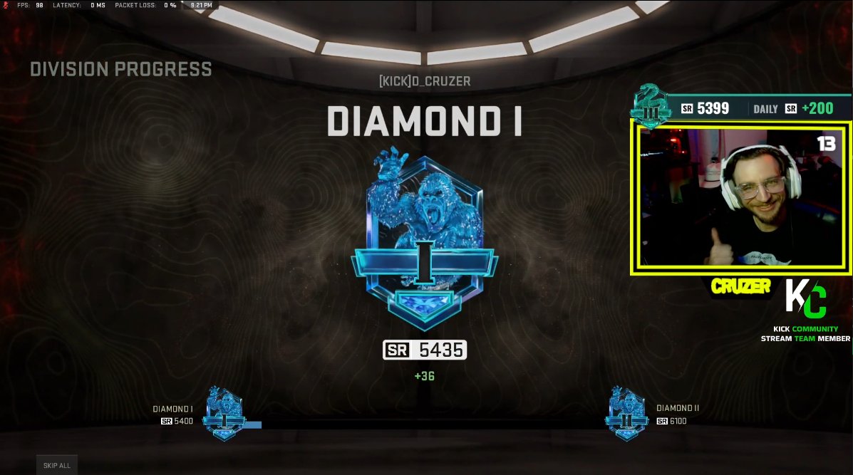 Feels real good to FINALLY get to diamond! Appreciate everyone who came by tonight! 

Will be live again around NOON EST!
See y'all there!! 
#Kick #Kickstreaming #Kickstreamer #SupportSmallStreamers #KC #KCStreamers #kickcommunity #warzone #ranked