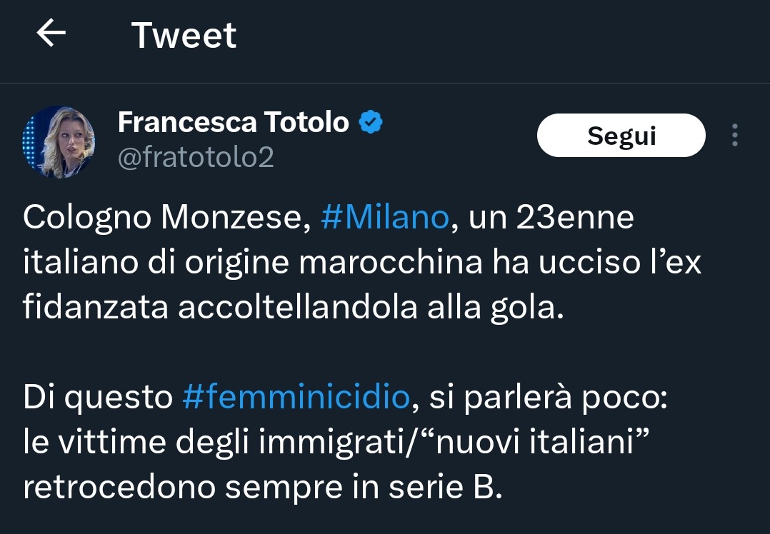 Quindi secondo l'inutile #Totolo il problema del #femminicidio di Cologno Monzese non è la morte di #SofiaCastelli, sgozzata perché voleva decidere lei con chi stare, ma le origini dell'assassino. Il fatto che sia una donna a dire ste cose mi fa ancora più schifo

#ColognoMonzese