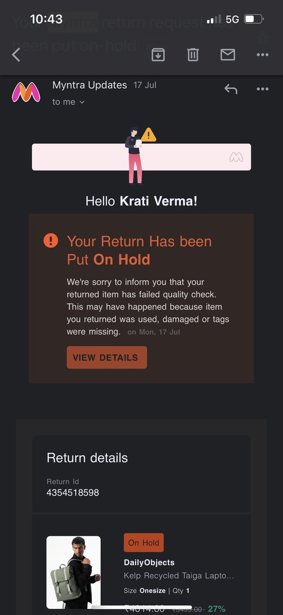 krativ96's tweet photo. @myntra @MyntraSupport I have already sent the product back(screenshot attached). Please see the date of intimation in the picture attached. I fail to understand why you guys are scheduling for pickup daily and making me talk to these extremely rude pickup boys of yours. https://t.co/A3ExT0XQFb