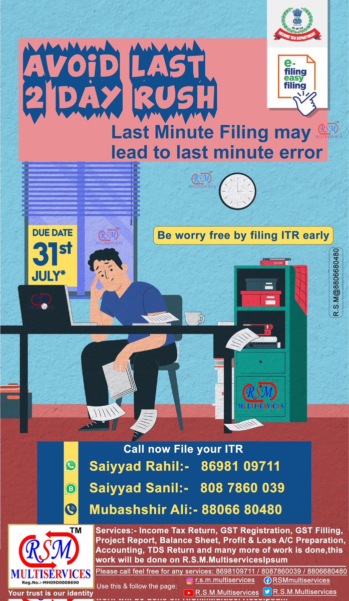 RSMmultiservice's tweet image. Last date 31st July
#incom #incometax #incometaxindia #india #maharashtra #mumbai #delhi #taxconsultant