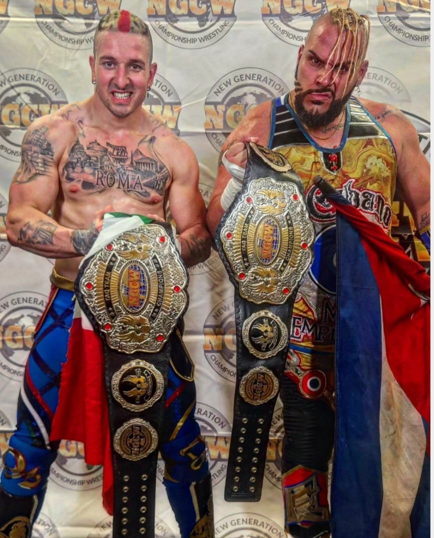 D3Roma's tweet photo. 🎉 There's no better way to Debut in @ngcwpro against la "Dinastia Colon" and become the... 
🆕️ Tag Team Champions 🏅🏅 
É Iniziata La Nuova Era Italo-Cubana 🇮🇹🇨🇺 @Romeo_Quevedo https://t.co/PzVRBEm5ez