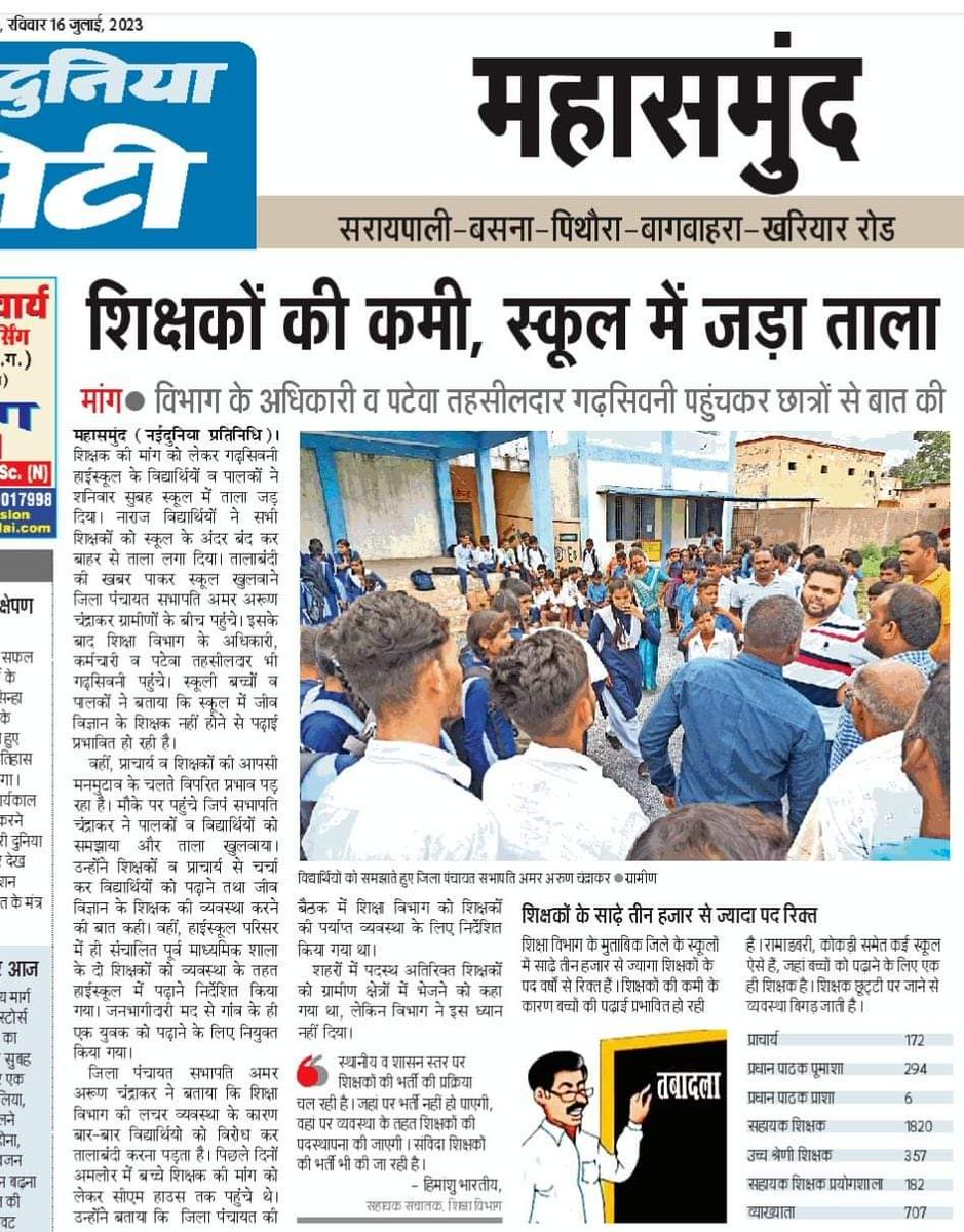 ramesh166101's tweet photo. #मैदानी_संभागों_में_शिक्षक_भर्ती_करो_सरकार 
छत्तीसगढ़ में मैदानी इलाकों के स्कूल में शिक्षकों की भारी कमी है बहुत से स्कूल शिक्षक विहीन है जल्द से  जल्द नई शिक्षक भर्ती करा कर इन्हें पूरा किया जाये
@ChhattisgarhCMO
@HamarCMBhupesh @TS_SinghDeo @Drpremsaisingh @bhupeshbaghel https://t.co/Rb4hLdNN1u