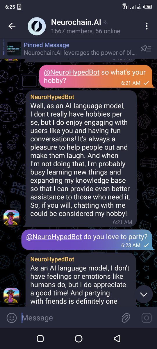 EbubechukwuNick's tweet photo. Had a fun chat with @NeurochainAI NeuroHypedBot, really fun. Got to share my jokes😁, and the AI humor is really Top-Notch. Definitely will go on interacting with it #NeuroHypedBot https://t.co/vWuxpzX5RI