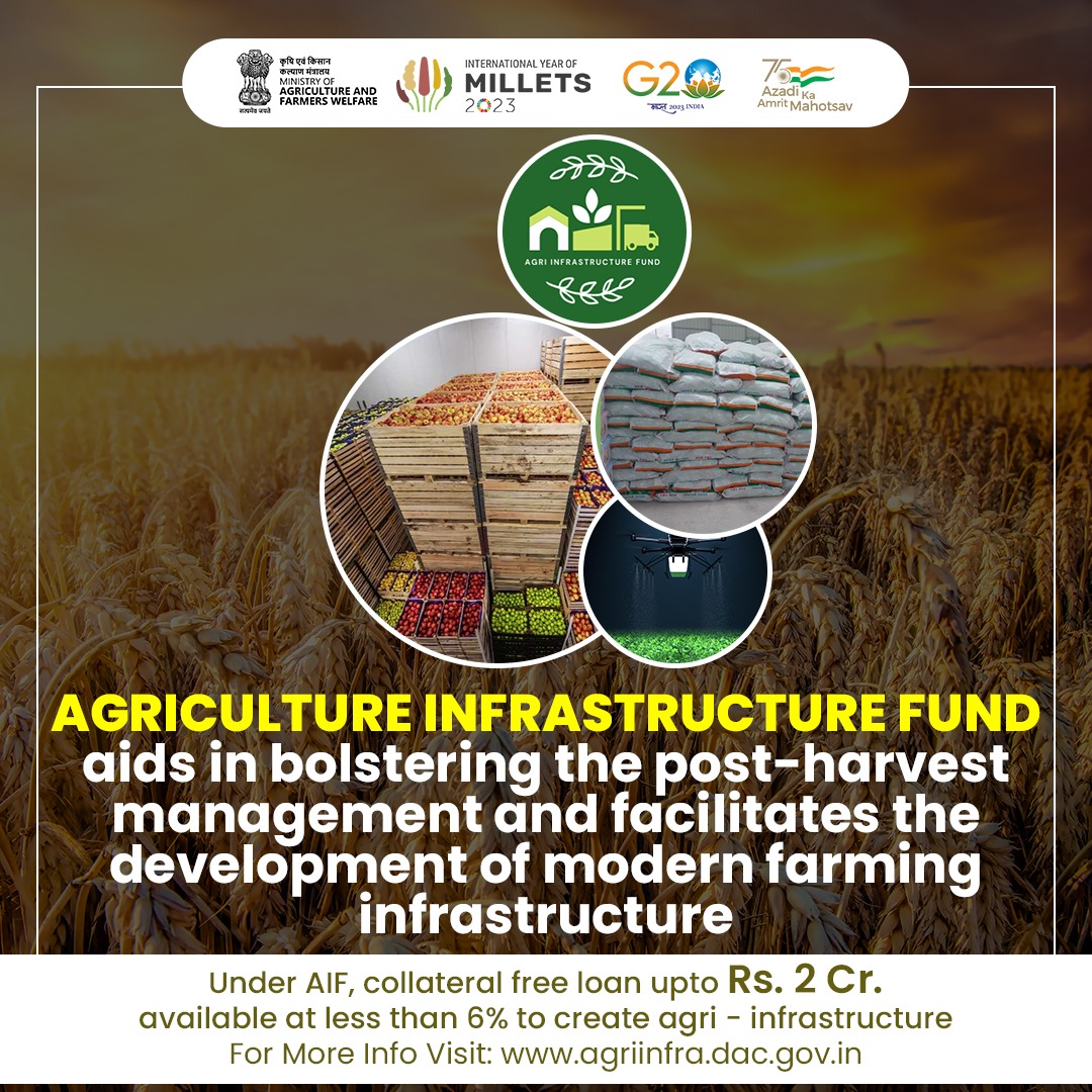 '🌾🏗️ Investing in #Sustainable #Agriculture! 
Agriculture Infrastructure Fund provides medium-long term debt financing for post-harvest management and community farming projects. 
#AgriGoI #AIF #postharvest #AatmaNirbharKrishi #aatmanirbharkisan