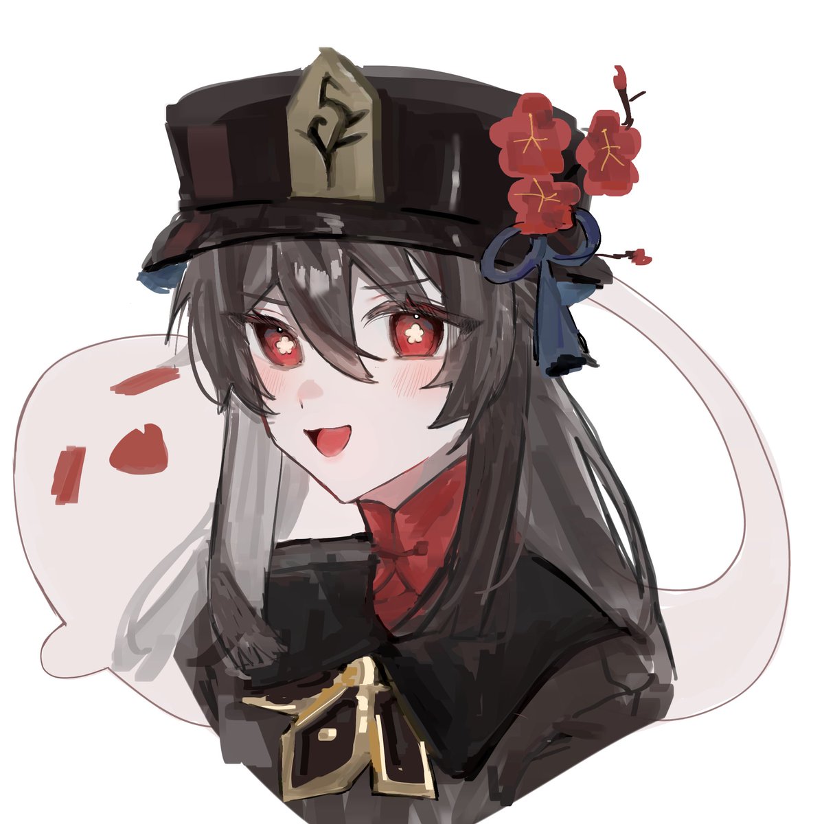 hu tao (genshin impact) 1girl red eyes hat ghost flower white background open mouth  illustration images
