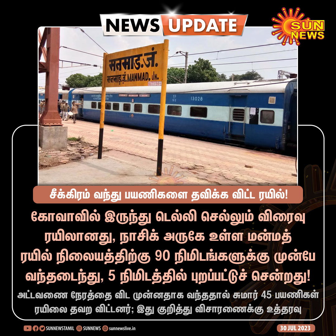sunnewstamil's tweet photo. #NewsUpdate | 90 நிமிடங்கள் சீக்கிரம் வந்து 45 பயணிகளை ஏற்றாமல் சென்ற விரைவு ரயில்

#SunNews | #GoaExpress | #Railway https://t.co/hbhjgxmGWm