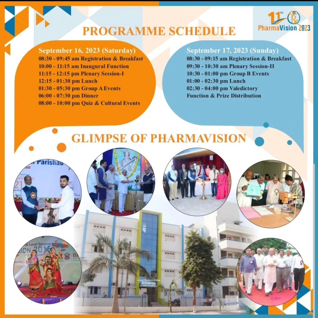 Dear Students, Namaskar
organise a National level seminar - Pharma Vision 2023 with the theme of Indian Pharmacists: Striving for a Healthier World, at Anand Pharmacy College Anand, Gujarat on September 16-17, 2023.

 Registration link forms.gle/wP5eHNHTdqppAy… 

<a href="/PharmaVisionOrg/">PharmaVision</a>