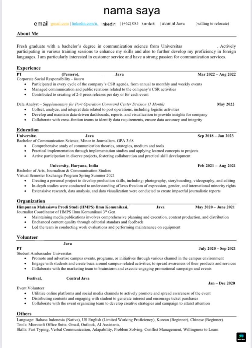 worksfess's tweet photo. boleh bantu review cv aku ga? untuk daftar work! ke-150 bagian cs, sender udh 4 bulan 🍇 sampe skrng blm ada yg tembus 🥲 
masukan dari kalian bakal sangat membantu bgt buat aku. TIA https://t.co/JyuRSLmFyK