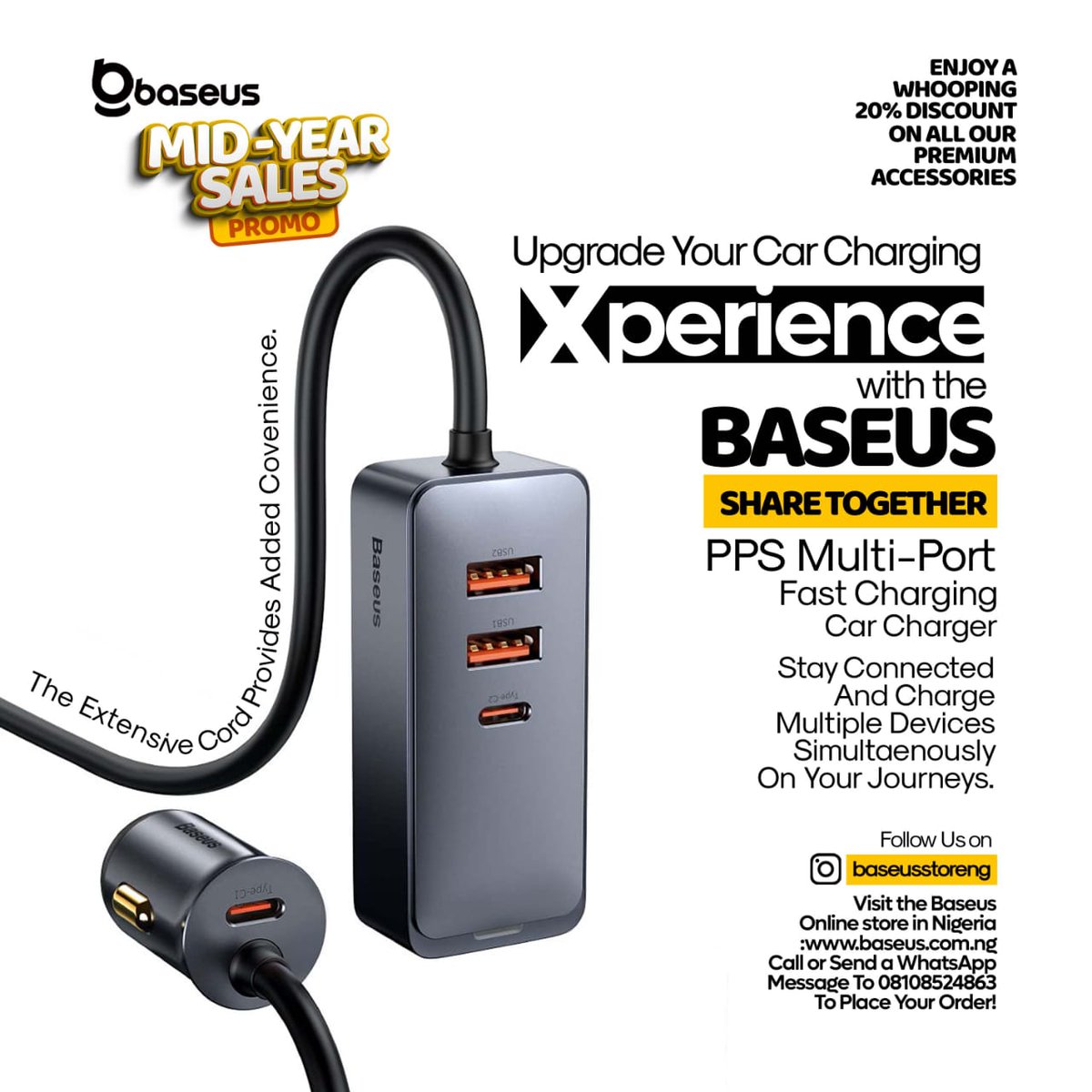 BaseusN80117's tweet photo. Say goodbye to low battery anxiety and welcome the Baseus Share Together PS Multi Port Fast Charging Car Charger! Charge up to 6 devices simultaneously with a single charger. Plug, charge and go! #Baseus https://t.co/0B0x3DATXi