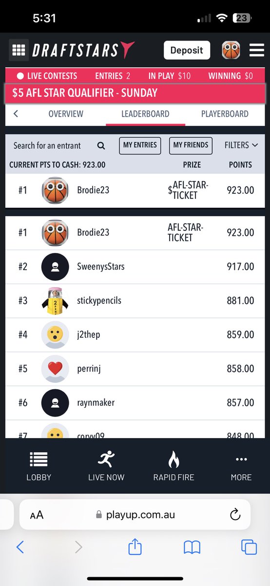 Brodiethomas1's tweet photo. It was definitely a nervous watch with Sweeny powering home but I managed to hold on and win my 3rd ticket 🔥 
#AFLFantasy #AFLStar #Draftstars #DFS https://t.co/lTFP4Cp2EU