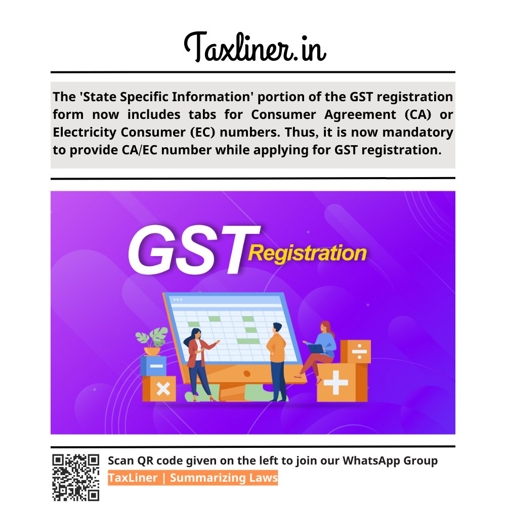 TaxLiner's tweet photo. GST Portal Update: Consumer Agreement or Electricity Consumer number required to get GST Number !

WhatsApp Group: https://t.co/f6zUALwnbv

#GST #GSTportal #gstportalupdate #ITRFiling #IncomeTaxReturn #IncomeTax  #ICAI #MannKiBaat https://t.co/5aLx2ye7sl
