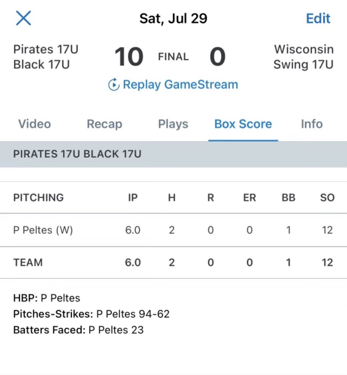 In his last start before heading to Southeast Community College, <a href="/PhilipPeltes/">Philip Peltes</a> with a 6 inning complete game shut out! Congrats on a great end to a great season Philip and we can’t wait to see what college brings!