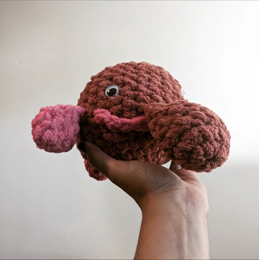 Behold! The completed (added a mouth) blobfish. I'm so happy with this derpy litle guy. #blobfish #amigurumi #crochet #smalbusiness #readyforahome #bernatblanketyarn #bernatyarn #plushies