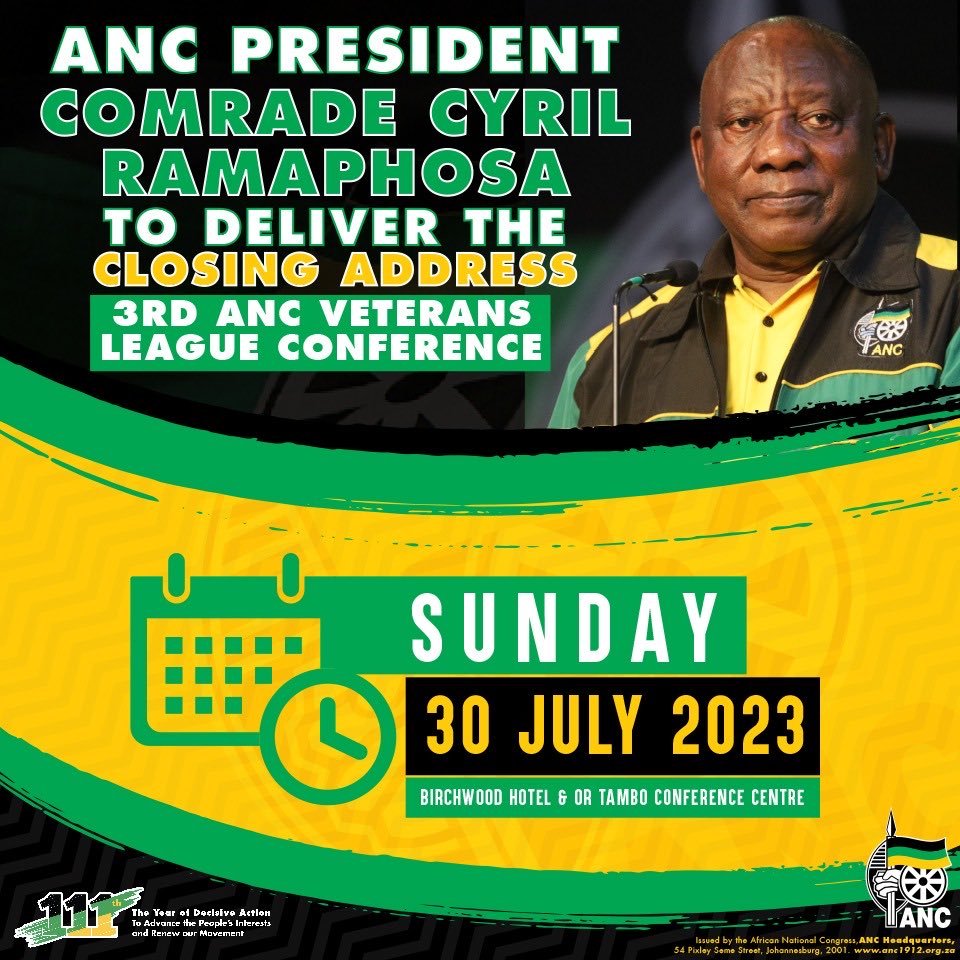 WatuNtuli's tweet photo. Join us on ANC social media platforms (i.e. Facebook, Twitter and YouTube) today when Comrade President Cyril Ramaphosa delivers the closing address at the successfully held and enriching 3rd National Conference of the ANC Veterans League. 

#ANCVL3NC
#ANCAtWork https://t.co/HPHZ8q6pP1