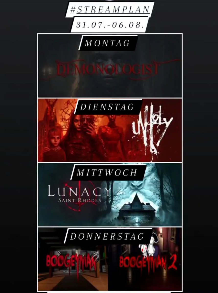 31.07.-06.08. Je ab 21.00 Uhr 💗
twitch.tv/TeufelsweibXx

#TwitchDE #twitchgaming #twitchgermany #twitch #streamer #streamers #twitchtv #HorrorGames #indiehorror #lunacysaintrhodes #unholy #boogeyman #demonologist