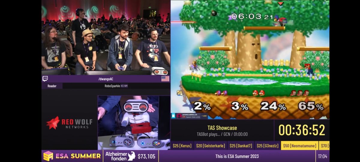 Greenalink's tweet photo. #ESASummer2023
3 humans vs TASbot/Smashbot Fox was an unexpected moment at the event.
I played as Mario, tossed the Bob-omb at Fox which got him off-stage but Falco's Blaster was the last one to hit him which stole my KO ๐ซจ. It was the bot's last stock too.
"Bombs, you want it?" https://t.co/Jrx98AIUn5