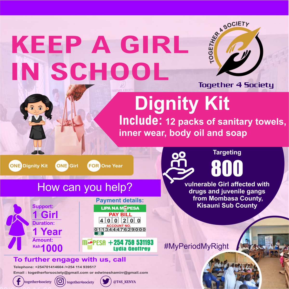 T4S_KENYA's tweet image. We have made great strides in our efforts to save our girls from stigmatization and menstrual taboo. We are calling on you for your support to continue pursuing our mission by ensuring that no girl is left behind in education.
Please donate to our Campaign KEEP GIRL IN SCHOOL.