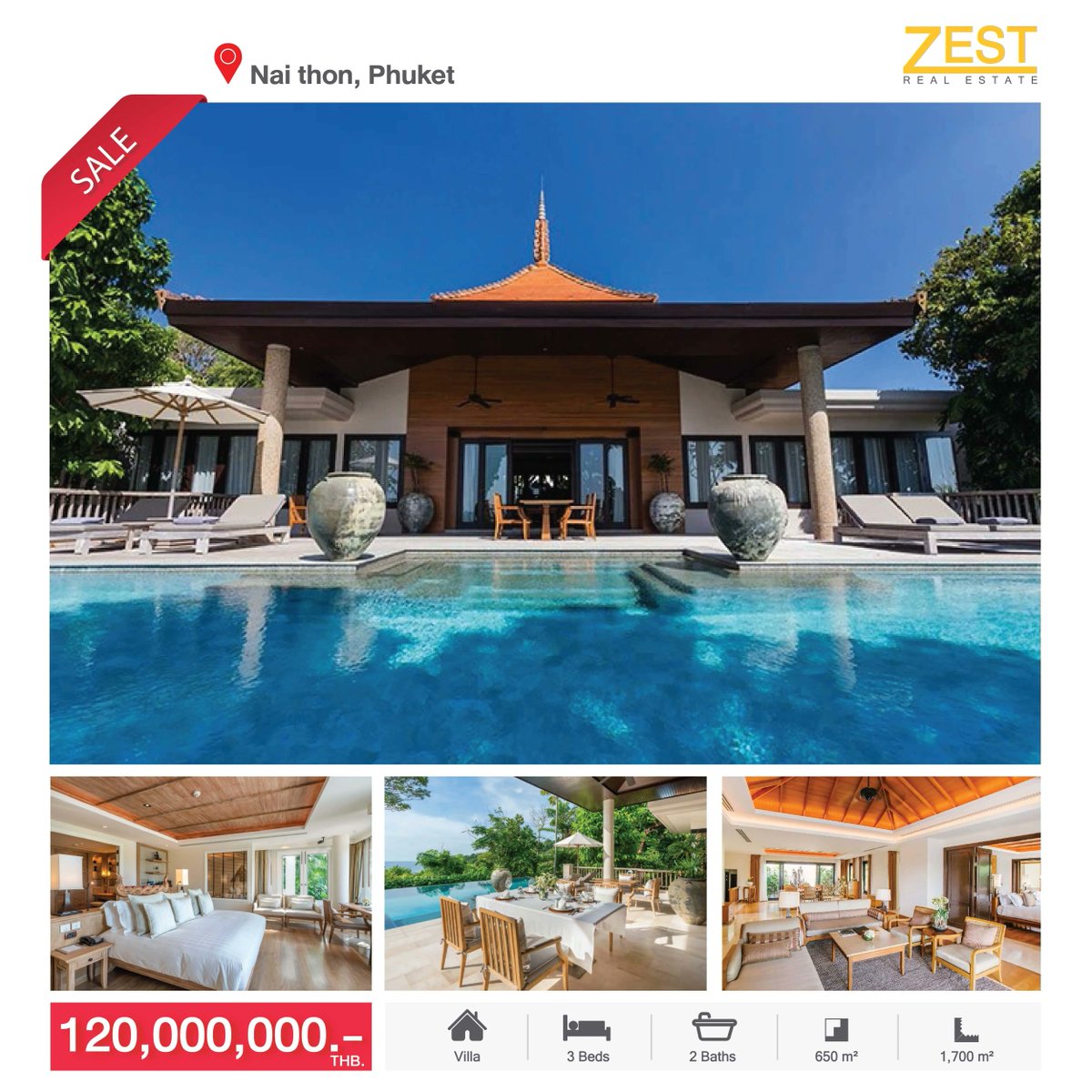 Villa for sale in Nai thon, Phuket
3 Beds/ 2 Baths/ 650 sqm.

120,000,000 THB.
buff.ly/3MgfCfO 

#zestrealestate #zestphuket  #luxuryvillas  #PhuketVillas #villainphuket #villaforsale #PropertylnPhuket