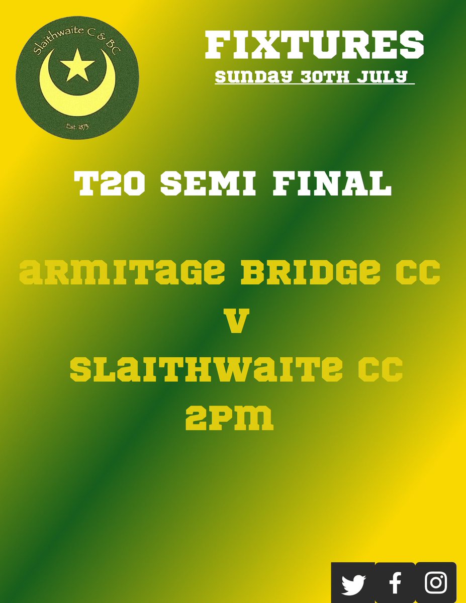 slaithwaitecc's tweet image. 💛💚 T20 SEMI FINAL DAY 💛💚

We travel to @ArmyBridgeCC this afternoon for the T20 semi final at 2pm.

The weather is going to be ☀️ so get down and support the boys in numbers!! 

UTY