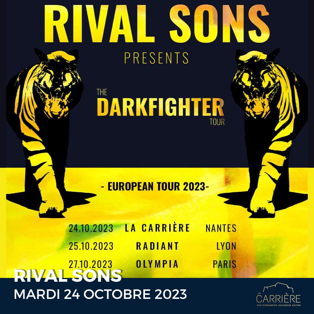 Et si tu profitais de la fin de l'été pour programmer tes concerts de l'année ? 😎

Rival Sons débarque à La Carrière mardi 24 octobre 2023 💥

Tu peux dès maintenant prendre ta place 👉🏻 lacarriere-events.com/rival-sons 🎫

<a href="/rivalsons/">Rival Sons</a> <a href="/LivenationFR/">Live Nation France</a> #DarkfighterTour