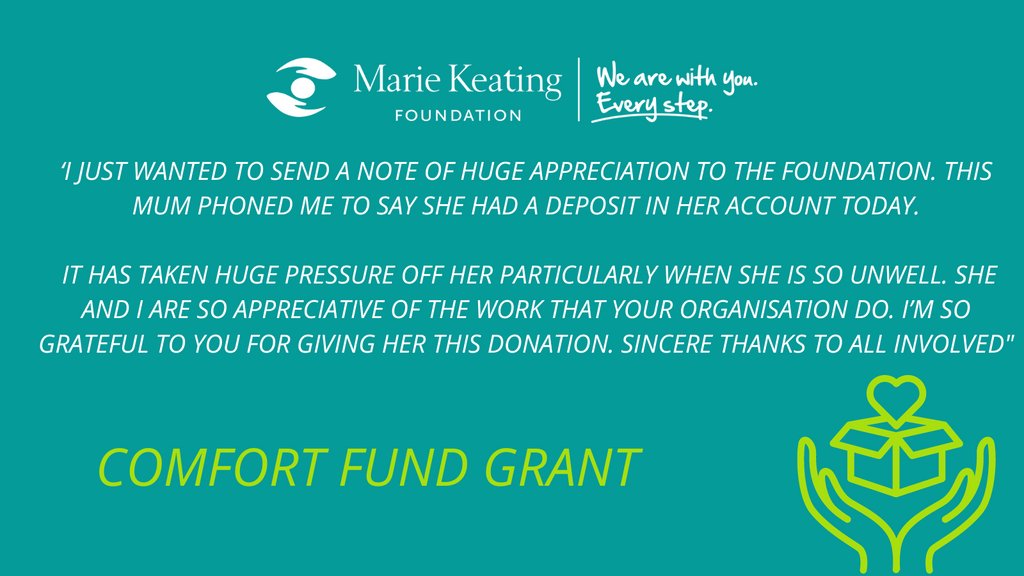 MarieKeating's tweet photo. A cancer diagnosis can place a huge strain on the person diagnosed physically, emotionally &amp; financially. The Comfort Fund was designed to try meet this need
For more info on how to apply or to donate and support this service click here: 

https://t.co/LaUNVrITmI

#CancerSupport https://t.co/tmmdwaxtVG