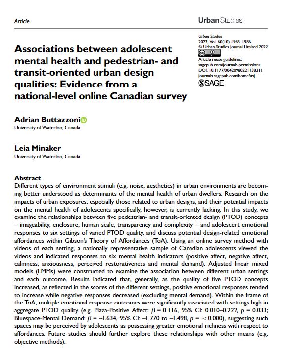 Urban Studies Journal (@usj_online) on Twitter photo Associations between adolescent mental health and pedestrian- and transit-oriented urban design qualities: Evidence from a national-level online Canadian survey by <a href="/adriannbzz/">Adrian Buttazzoni</a> and <a href="/LeiaMinaker/">Leia Minaker</a>
ow.ly/gkEx50PmJXw
#OpenAccess #MentalHealth #UrbanDesign Associations between adolescent mental health and pedestrian- and transit-oriented urban design qualities: Evidence from a national-level online Canadian survey by <a href="/adriannbzz/">Adrian Buttazzoni</a> and <a href="/LeiaMinaker/">Leia Minaker</a>
ow.ly/gkEx50PmJXw
#OpenAccess #MentalHealth #UrbanDesign