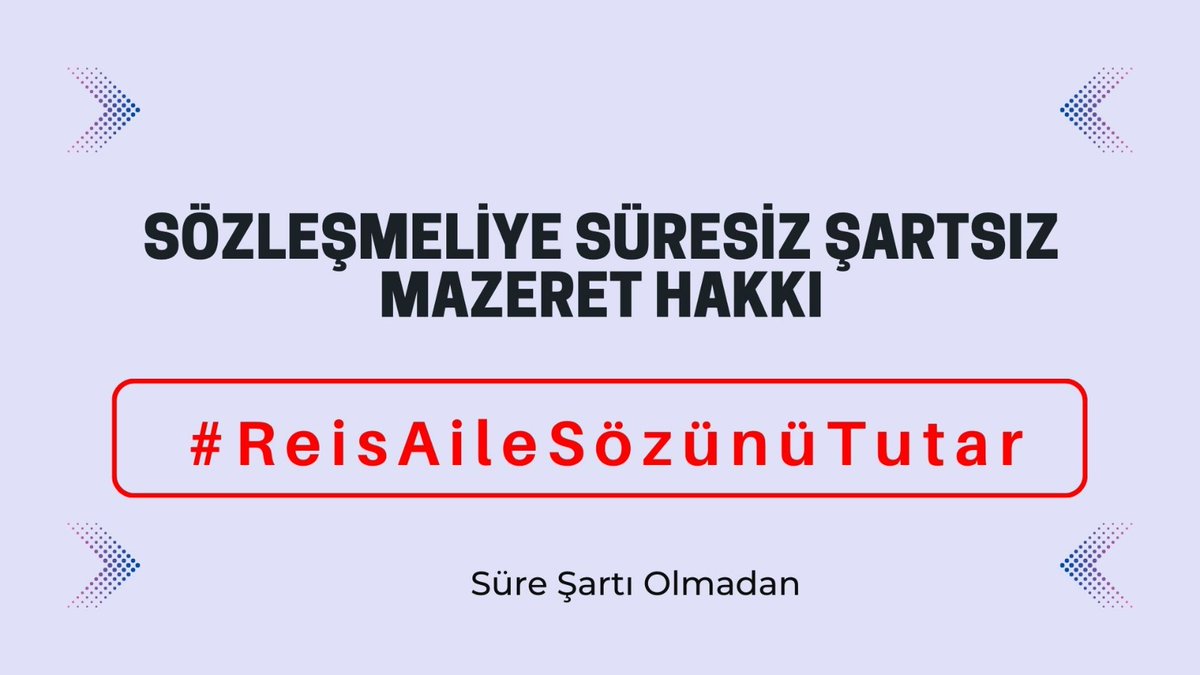 Sözleşmeliden kadroya geçen tüm personellere hakkı olan eş durumu mazeret tayini verilmedi . Reis olacak dedi bakanlıklar uygulamadi . 
<a href="/DIBAliErbas/">Prof. Dr. Ali Erbaş</a>
<a href="/drfahrettinkoca/">Dr. Fahrettin Koca</a>
<a href="/Yusuf__Tekin/">Yusuf Tekin</a>
<a href="/tcbestepe/">T.C. Cumhurbaşkanlığı</a>
<a href="/tcbestepe/">T.C. Cumhurbaşkanlığı</a>

#ReisAileSözünüTutar