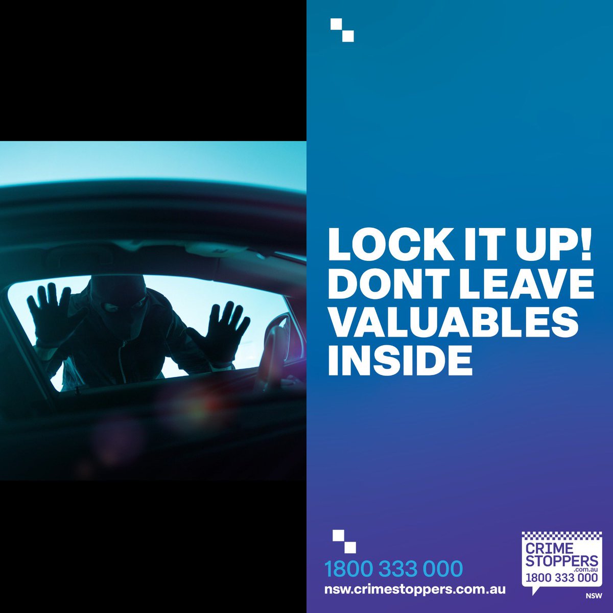 Hey car owners! Keep your doors and windows locked and don't leave your valuables inside! 

Common stolen items include wallets, sunglasses, cash, mobile phones, laptops, other electronic devices and sporting equipment.

#CarSafety #LockItUp #ProtectYourBelongings #PreventTheft