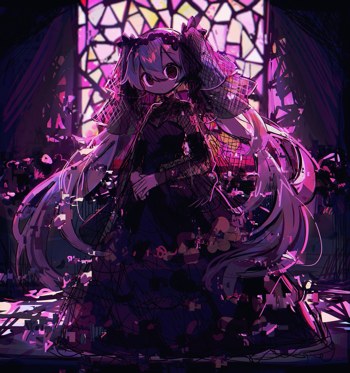 hatsune miku 1girl solo dress long hair stained glass twintails black dress  illustration images