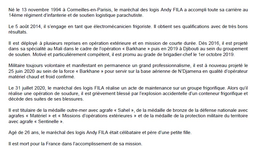 Unsor_siege's tweet image. Ils sont dans nos mémoires, mort pour la France un 31 juillet_ En 1971 Marsouin parachutiste  Louis ALLAIN - #CPIMA - 6e RIAOM (#6eBIMA)– Tchad (une plaque sur le monument de BAZET)
En 2020 Maréchal des logis Andy FILA - #CDC_14eRISLP -BARKHANE - Mali