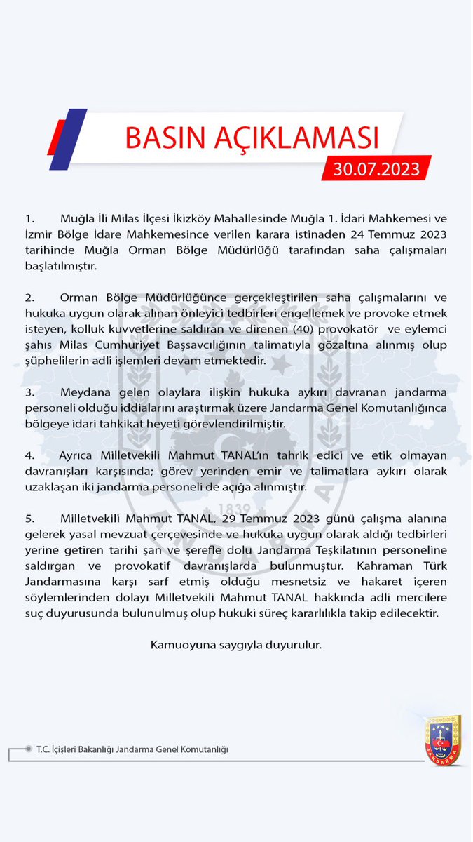 jandarma's tweet photo. Muğla İli Milas İlçesi İkizköy Mahallesinde Meydana Gelen Olaylara Yönelik Basın Açıklaması⬇️ https://t.co/NCbUQaBRTH