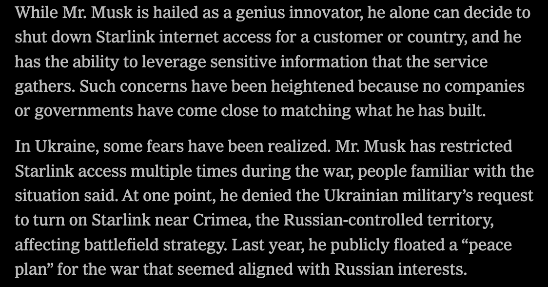 NYT reports that Elon Musk personally thwarted a Ukrainian military operation he disapproved of. nytimes.com/interactive/20…