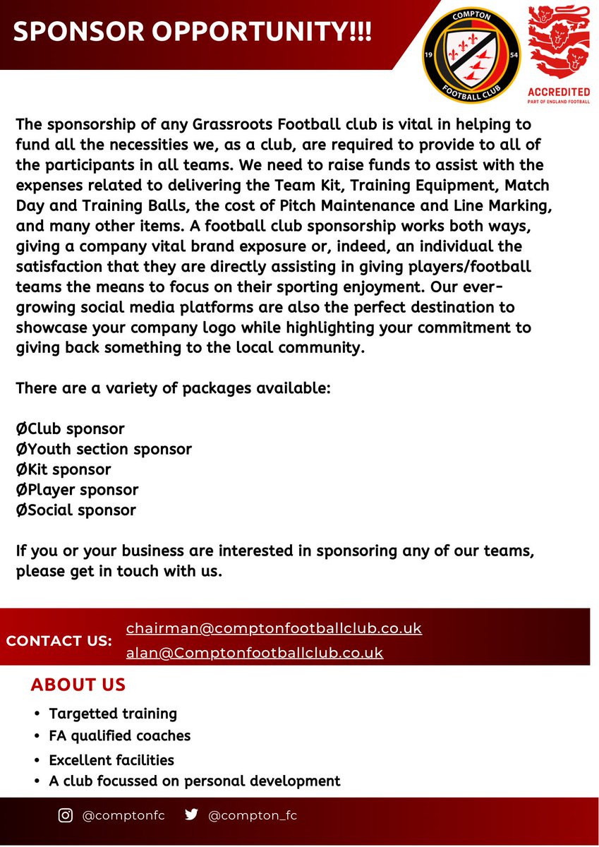 Sponsor opportunity!!

There are a variety of packages available:

Club sponsor
Youth section sponsor 
Kit sponsor
Player sponsor
Social sponsor 

If you or your business are interested in sponsoring any of our teams, please get in touch with us.
#upthencompton⚫️🔴