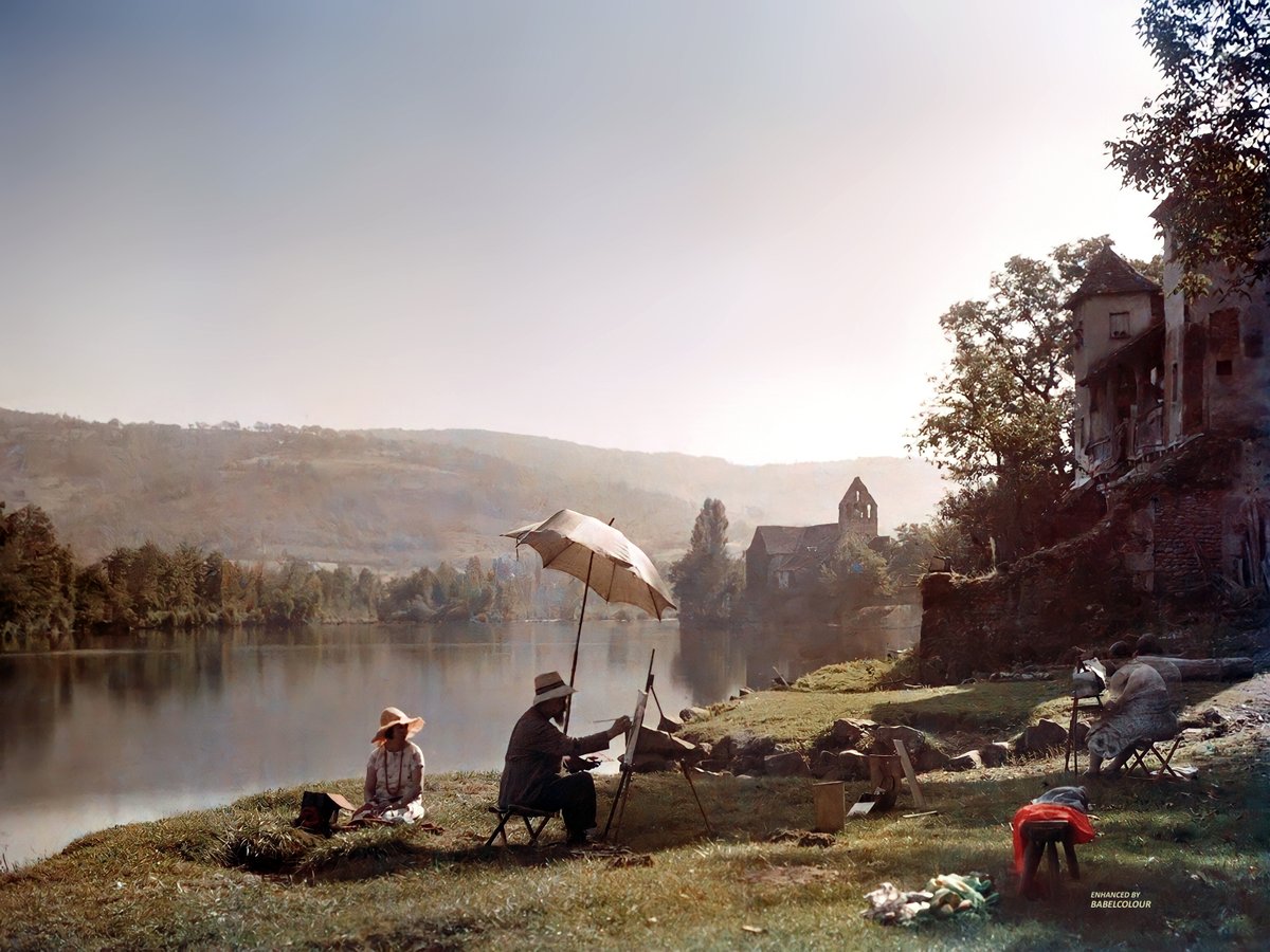 To my mind, this is one of the most beautiful autochromes ever taken: a study of artists on the banks of the Dordogne near Beaulieu in France. The light, colour & composition is a work of art in itself. It was taken in colour 98 years ago, in 1925, by Jules Gervais-Courtellemont.