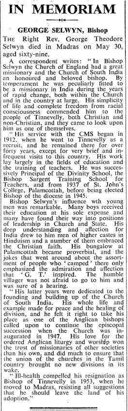 AustAnglican's tweet photo. 30 July 1887: birth of George Theodore Selwyn, @CorpusCambridge graduate, CMS missionary in India from 1912, principal of St John's College Palamcottah, 7th Bishop of Tinnevelly and Madura from 1945. #anglican #136years One of the original CSI bishops in 1947; obiit 30 May 1957. https://t.co/tw0SibUDza