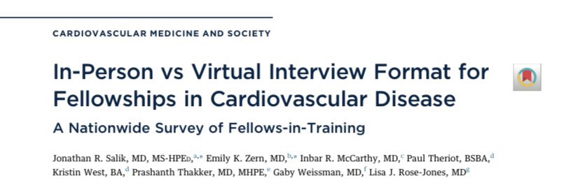 Should cardiology fellowship interviews be virtual or in-person? bit.ly/456y1Uc
Out in <a href="/JACCJournals/">JACC Journals</a> we conducted a national survey (615 fellows) on their preferences. Led by <a href="/jonathan_salik/">Jonathan Salik, MD, MHPEd</a> <a href="/emilyzernMD/">Emily Zern</a> <a href="/LisaRoseJones1/">Lisa Rose-Jones</a> <a href="/gabyweissman/">Gaby Weissman</a> <a href="/prathakker/">Prashanth D. Thakker</a> #kristinwest #paultheriot