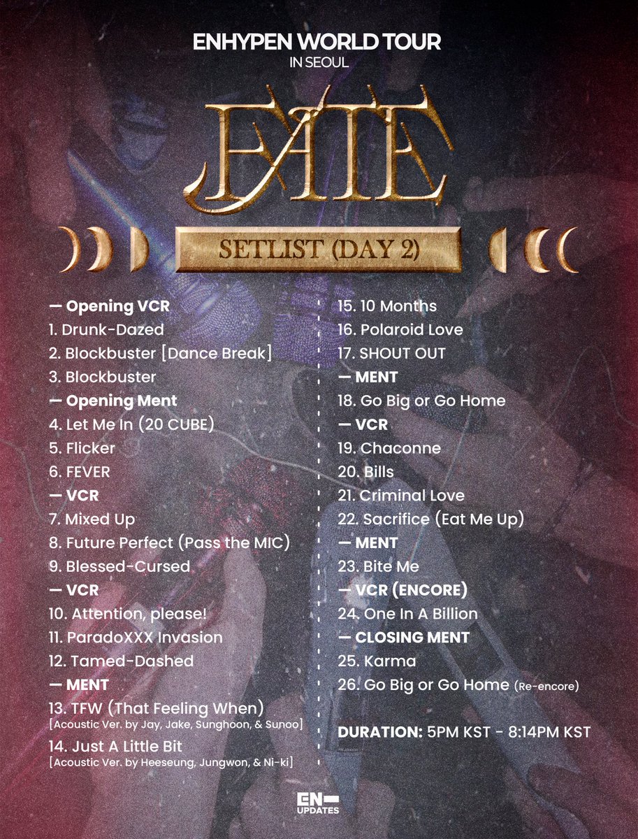 enhypenupdates's tweet photo. < ENHYPEN World Tour 'FATE' in SEOUL >

DAY 1: 6PM KST - 9:05PM KST
DAY 2: 5PM KST - 8:14PM KST

TWIST OF FATE IN SEOUL
#EN_WORLDTOUR_FATE #FATE_IN_SEOUL_D2 #ENHYPEN @ENHYPEN_members @ENHYPEN https://t.co/XQ9YZ4bkZL