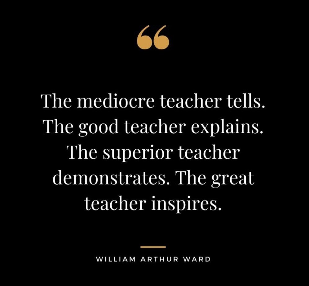 RT @NathalieGregg “The mediocre teacher tells. The good teacher explains. The superior teacher demonstrates. The great teacher inspires!” _William Arthur Ward via @GraciousQuote #ThinkBIGSundayWithMarsha #LeadLoudly #inspire