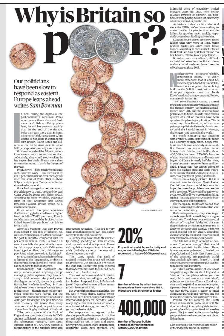 Why has Britain become so poor?

The Tories and their austerity, poor handling of Covid and Brexit. 

“If we had managed to recover to our pre-crisis growth trend, productivity and wages could be 20% higher today, according to Stian Westlake, executive chair of the Economic and