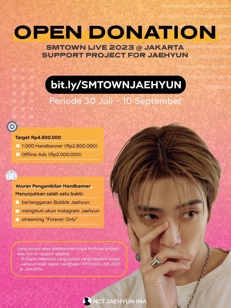 🌸SUPPORT PROJECT FOR JAEHYUN🌸
SMTOWN LIVE 2023 @ JAKARTA

More details ⬇️
🔗 bit.ly/SMTOWNJAEHYUN

Goals: Rp 4,800,000

*handbanner preview coming soon*

#JAEHYUN #재현 #NCT재현