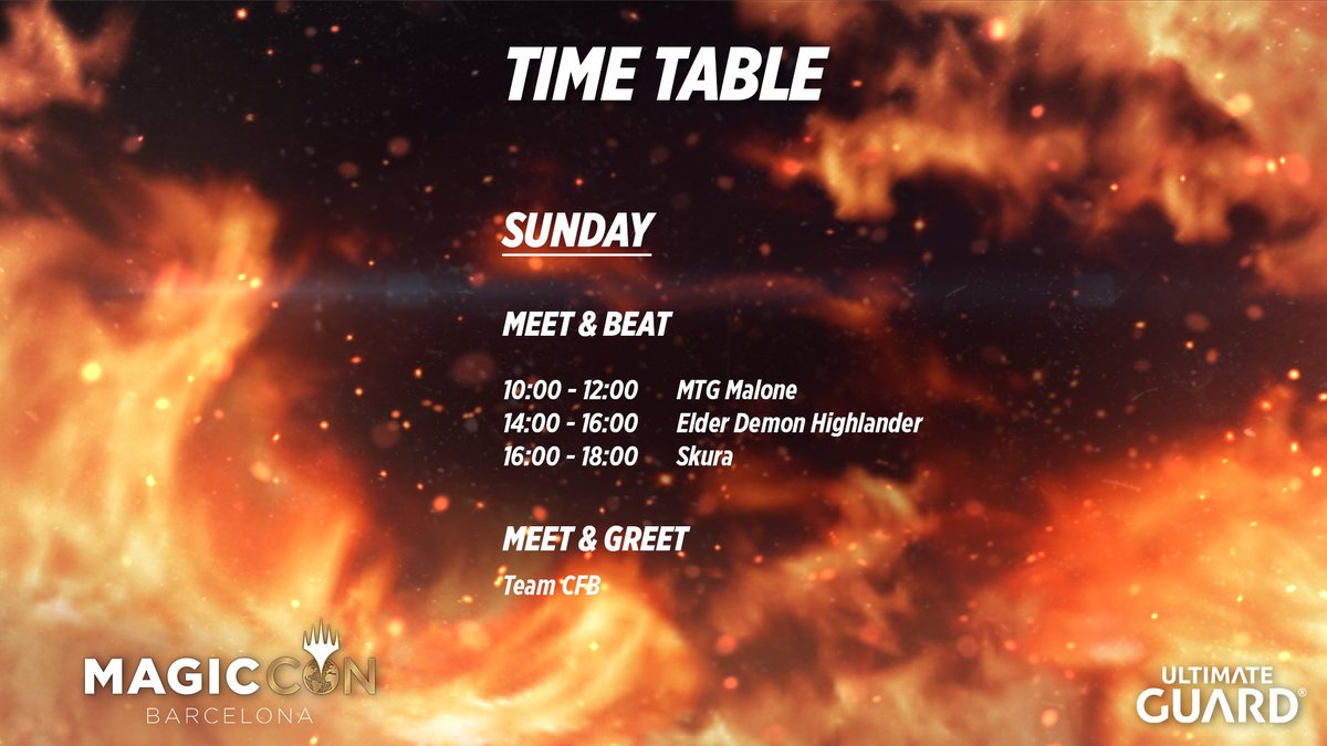 UltimateGuard's tweet photo. 📢 Attention, TCG athletes! 📢

Get ready for Ultimate Guard's booth events today! 💥

Check out our Meet &amp; Beat schedule for Sunday and prepare the final battle against these legends. 🗡️

We'll be waiting 👀

#UltimateGuard #MeetAndBeat #MagicConBarcelona #MagicTheGathering https://t.co/jAbeK8D4rz