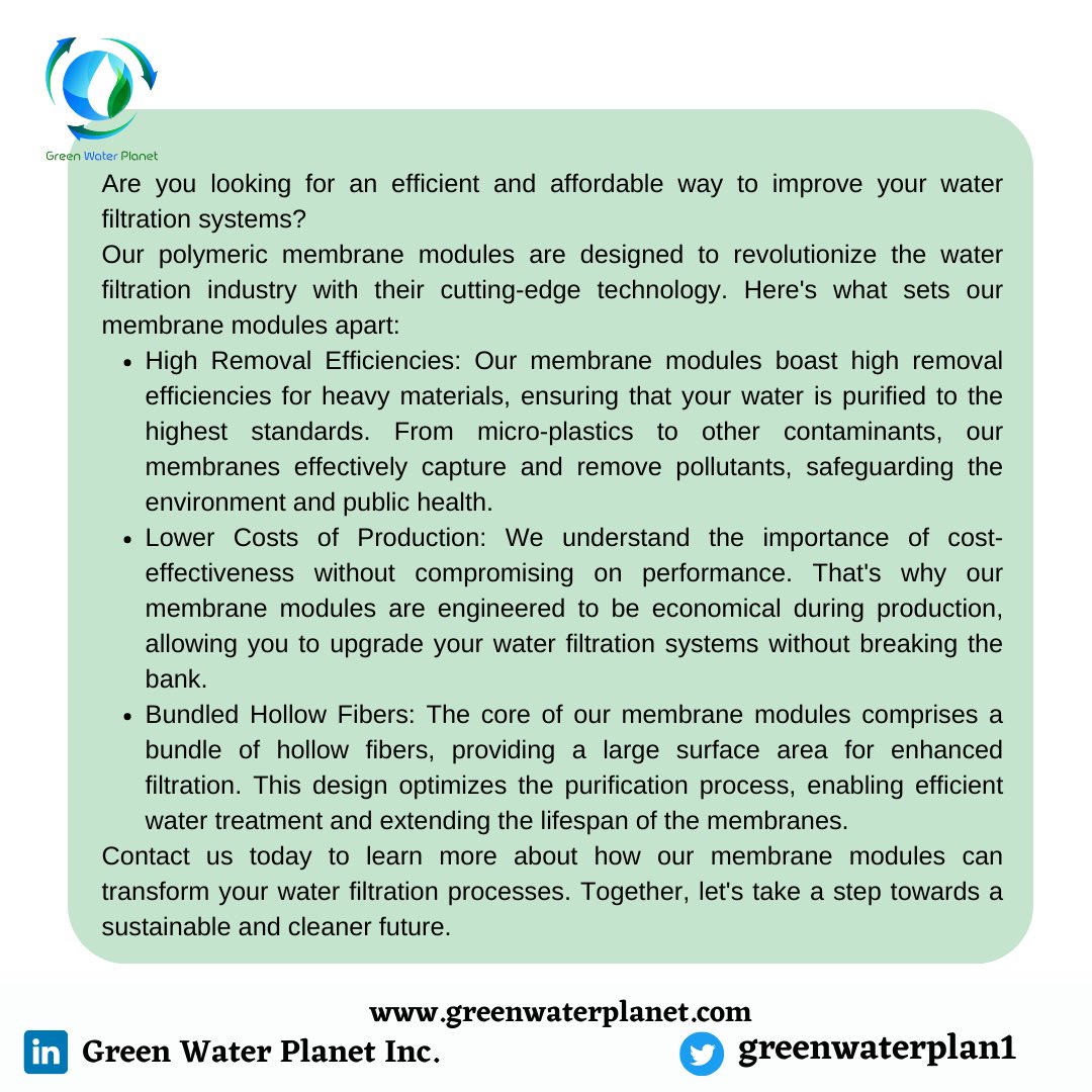#WaterFiltration #CostEffectiveSolutions #GreenWaterPlanet #MembraneModules #SustainableTechnology #CleanWater #Innovation #EnvironmentalSolutions